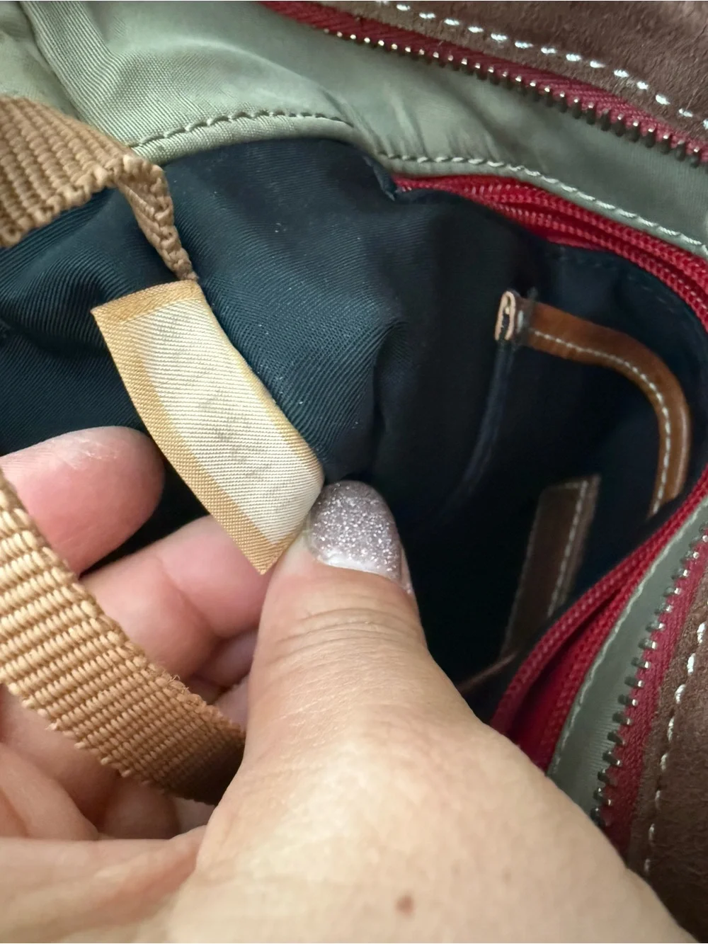 Dooney & Bourke Taupe and Brown Interior Tote with Red Zip Accents